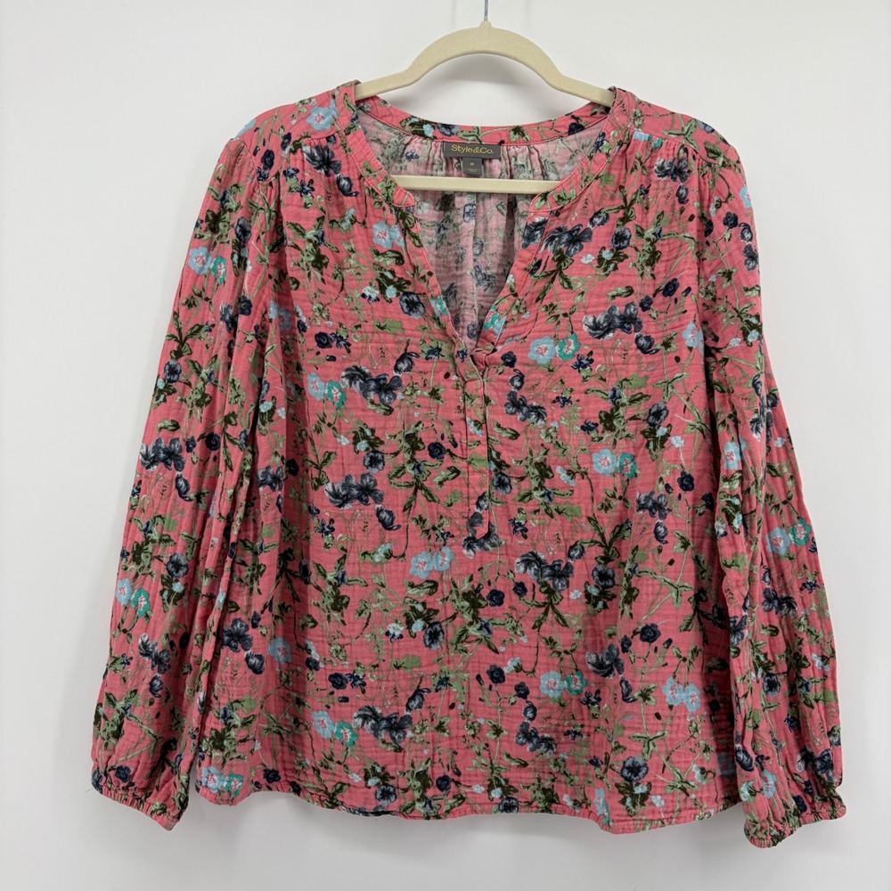 Style&Co Womens Medium Pink Floral Cotton Gauze Split Neck Boho Blouse Top